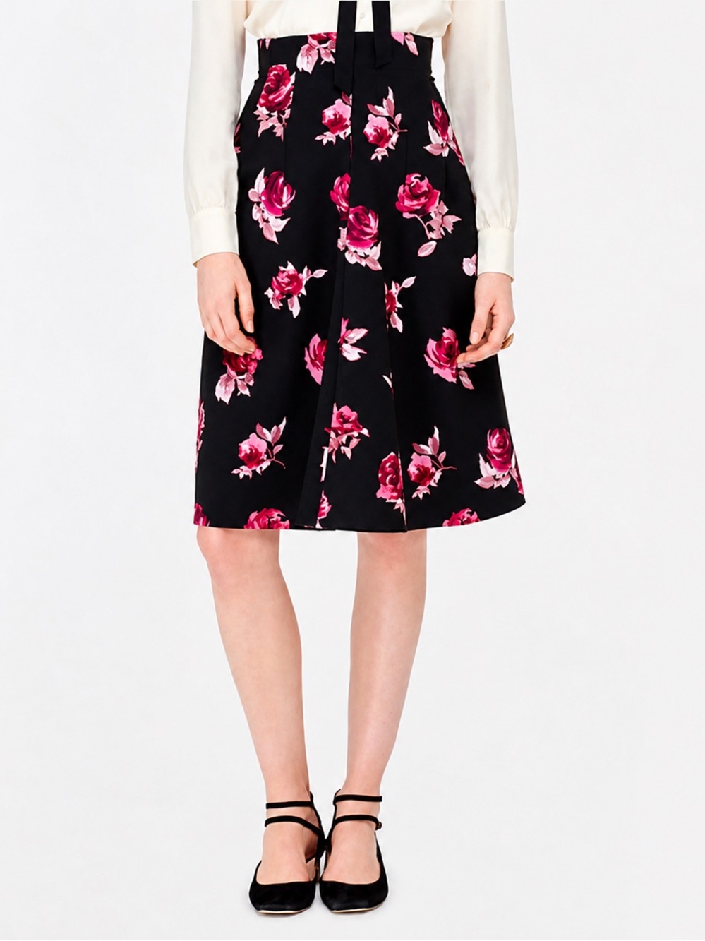 KATE SPADE New York Encore Rose Floral Flared Skirt in Black Pink Size 4